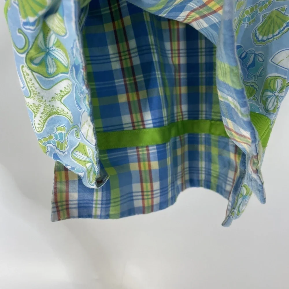 Hartstrings Girls Blue Green Sea Life Starfish Plaid Lined Cotton Dress 4